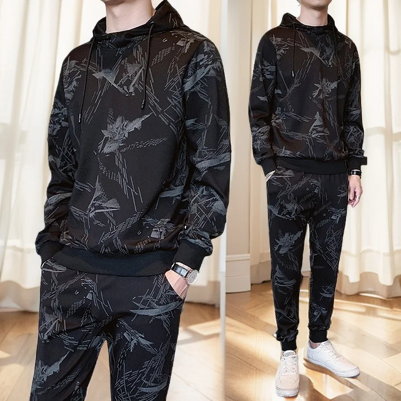 Мужской спортивный костюм хлопковый пуловер с капюшоном и шорты