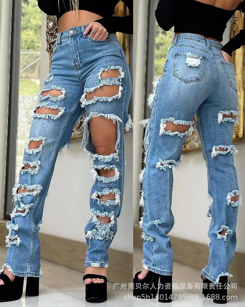 

2022 Women's New Blue Ripped Jeans Jeans for Women