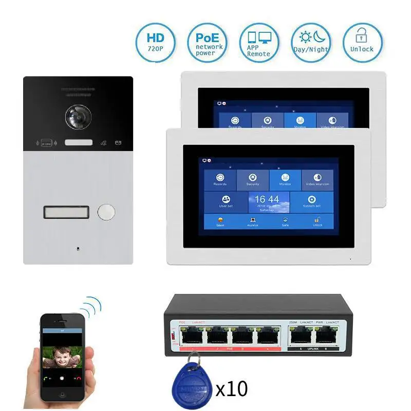 

POE Switch 720P AHD WIFI IP 7" Video Intercom Door Phone Record Kit Touch 1 / 2 Screen Phone Remote Monitor Unlock RFID Doorbell