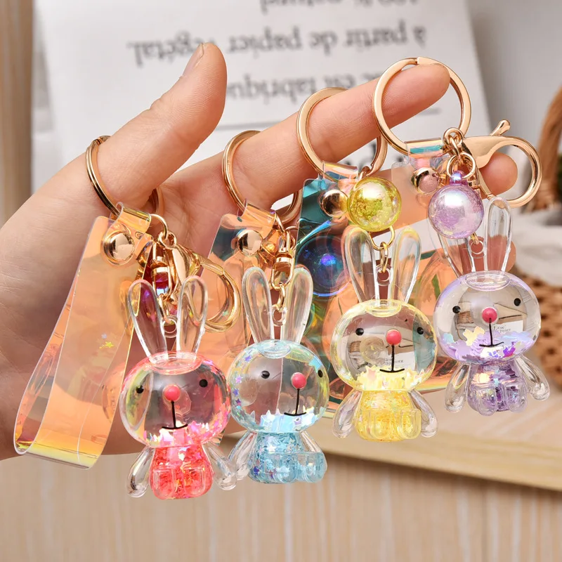 

Cartoon Keychain Acrylic Keychains Women Creative Into The Oil Quicksand Rabbit Bag Pendant Floating Sequins Fashion Jewelry