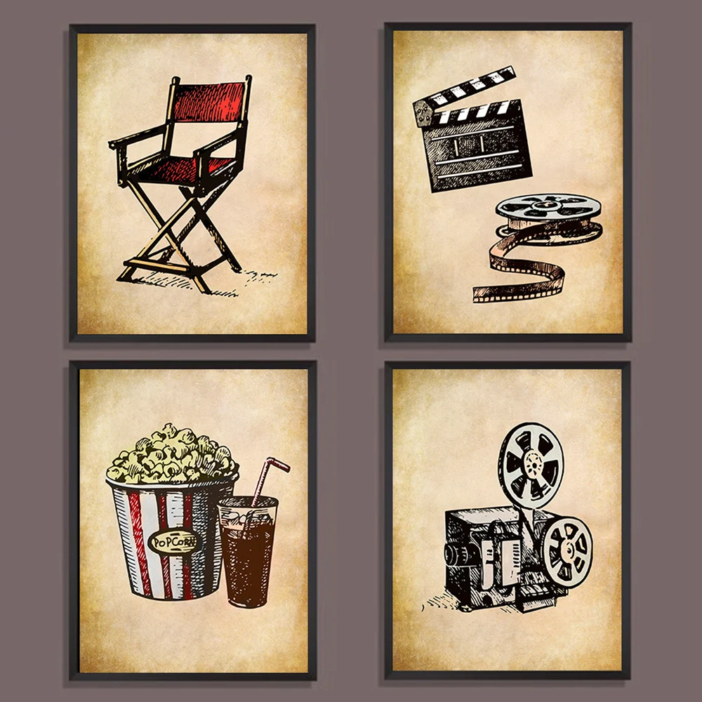 

Movie Theater Vintage Art Canvas Painting Wall Picture Popcorn Film Clapper Spotlight Poster Retro Cinema Living Room Decoration