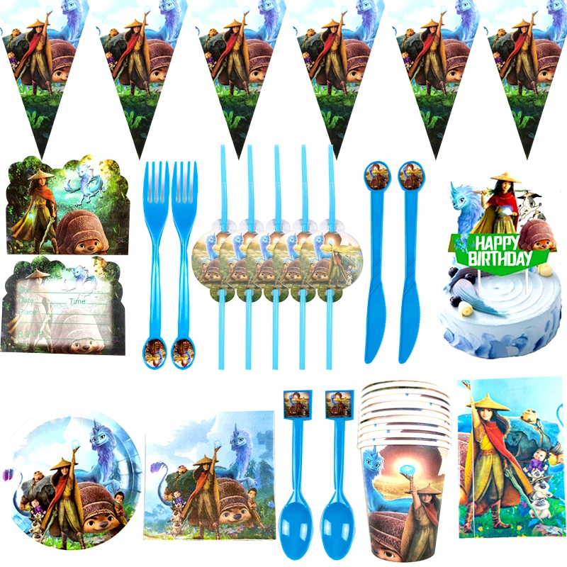 

102pcs/lot Raya Dragon Tablecloth Straws Birthday Party Napkins Plates Cups Flags Banner Decorate Forks Invitation Cards Spoons