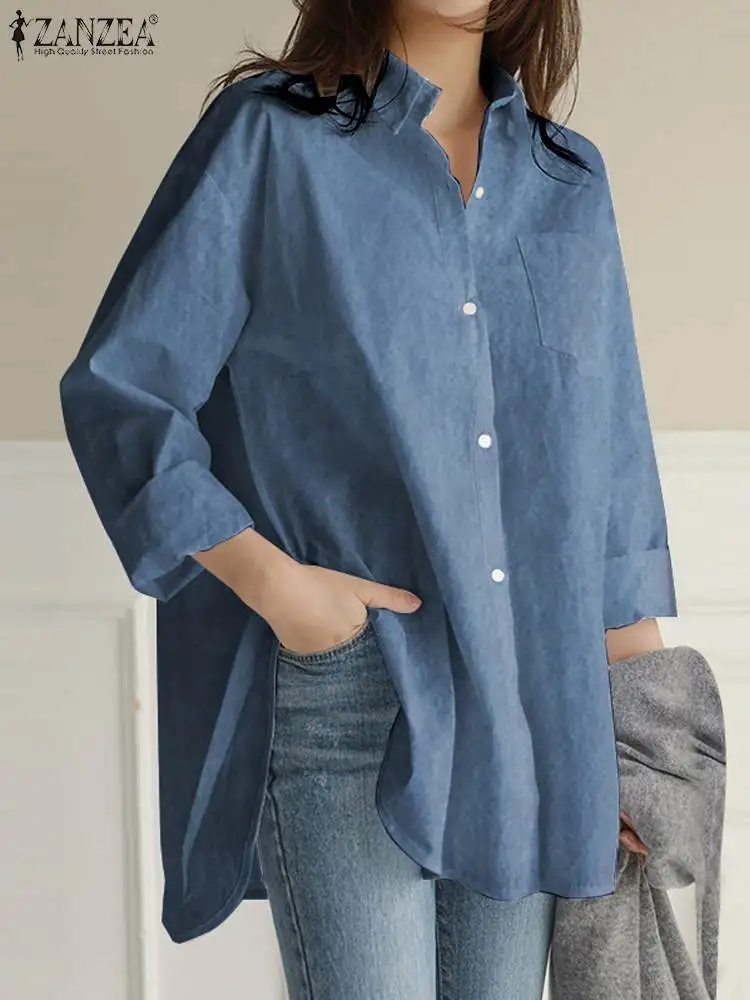 

Fashion Woman Blouses 2022 ZANZEA Solid Denim Blue Shirt Oversized Lapel Neck Blusas Mujer Spring Baggy Long Sleeve Tops Tunic 1