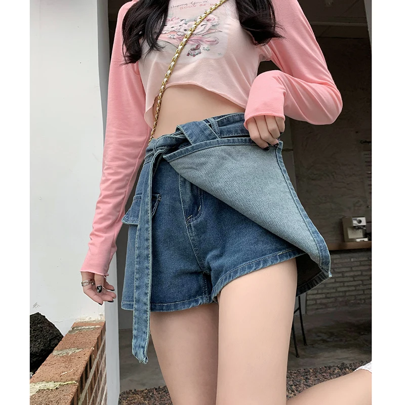 American denim skirt female blue commuting spring/summer 2023 new retro spicy girl design high waisted short skirt pants A-line