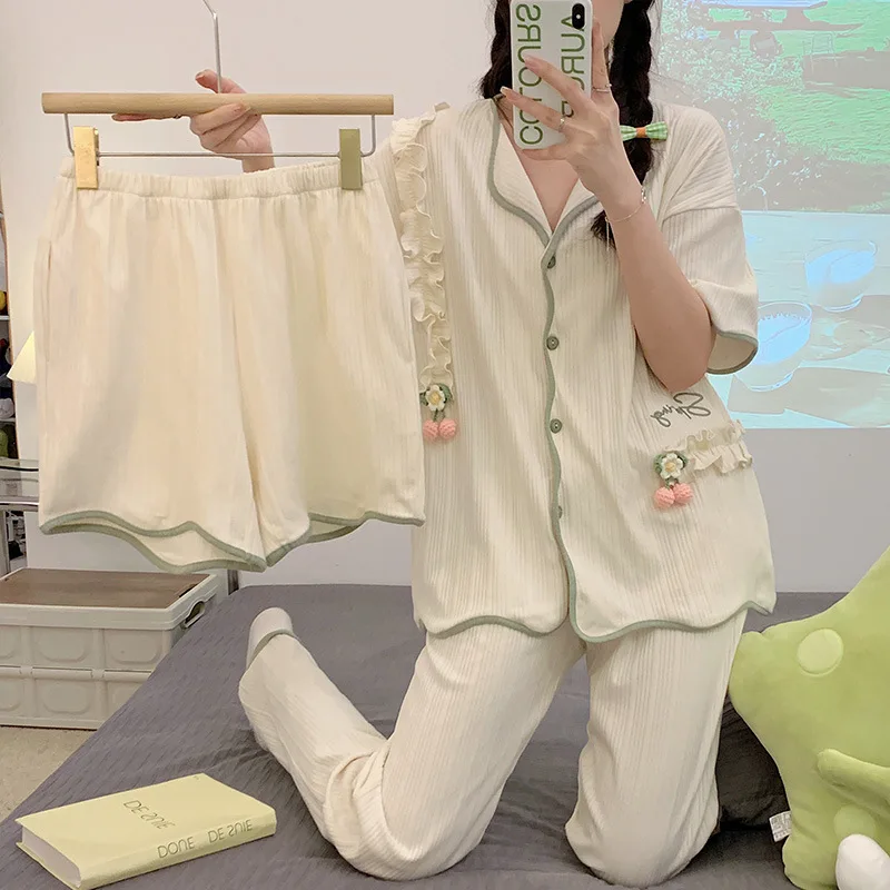 Pajamas  for Women's Summer 2023 New Style Pure Cotton Three-piece Suit Short-sleeved High-end Simple Comfortable Home Service