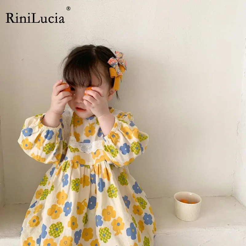 

RiniLucia Children Clothes 2022 Autumn New Cotton Korea Casual Floral Lace O Neck Puff Sleeve Sweet Lovely Dress For Girls