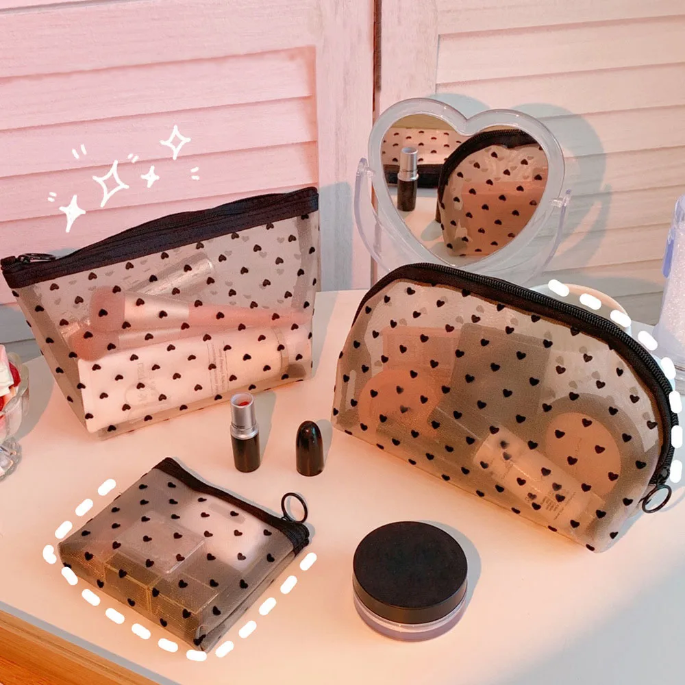 

Nylon Mesh Black Heart Cosmetic Bags Clear Visible Makeup Case Lipstick Brush Skin Care Product Organizer Pouch Pencil Pen Case