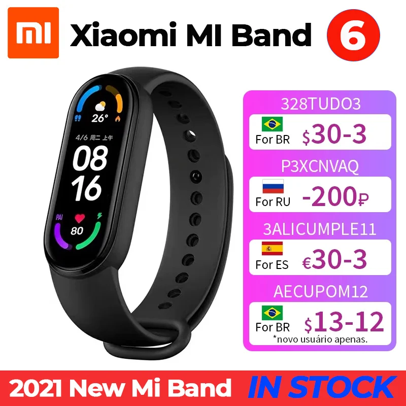 

2021 Newest Xiaomi Mi Band 6 Heart Rate Monitor Blood Oxygen Fitness Tracker 1.56 Full Display Mi Smart Band NFC 5TM Waterproof