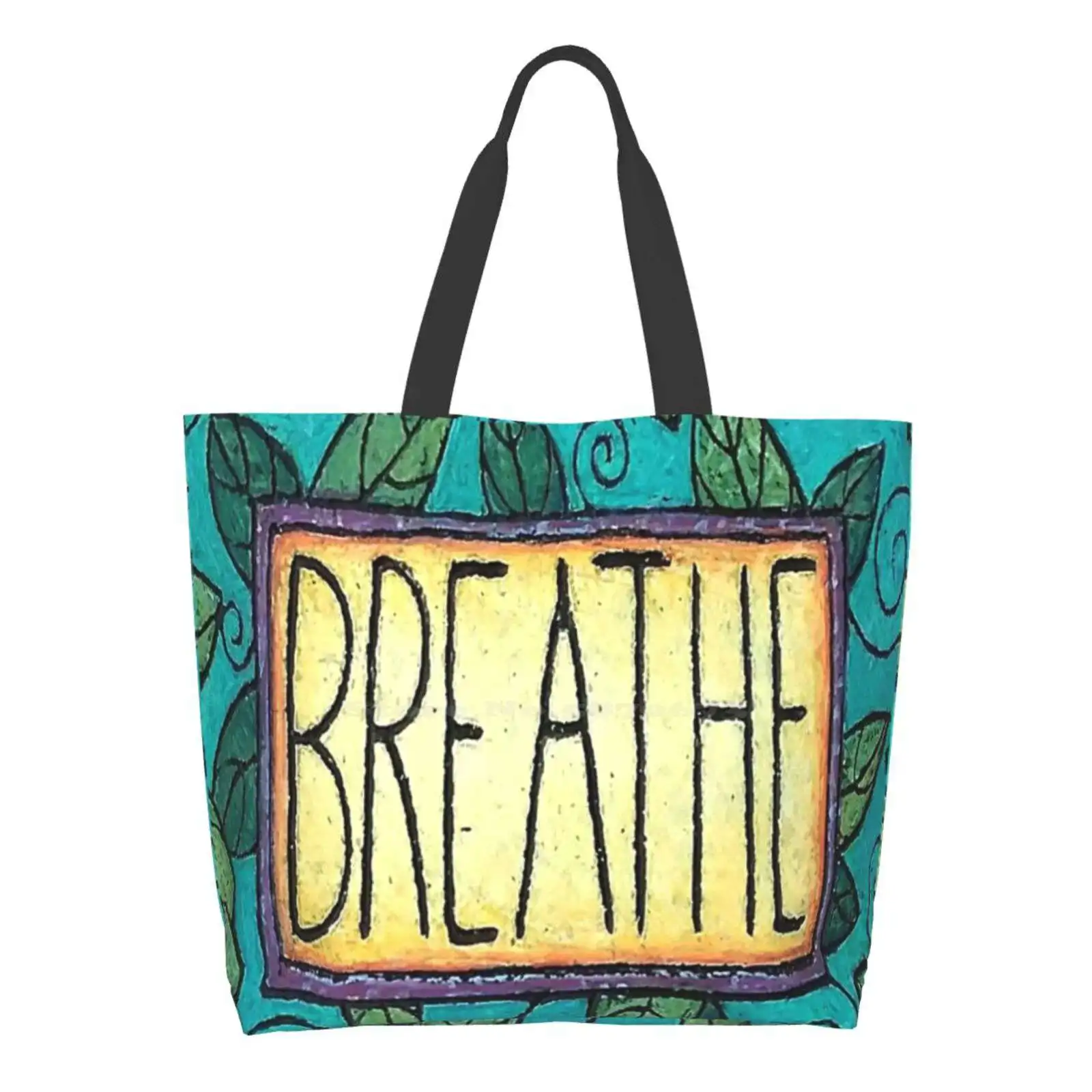 

Breathe By Merideth Young Large Size Reusable Foldable Shopping Bag Yoga Breath Leaves Blue Relax