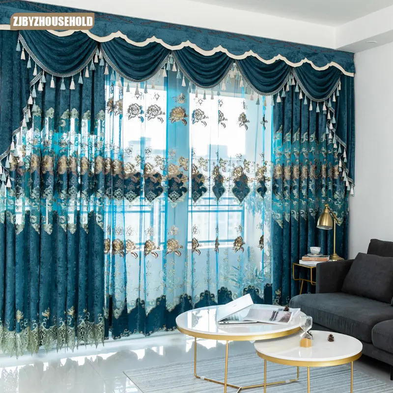 

New Chenille Cashmere Embroidered High Blackout Fabric Finished Luxury Hollow Curtain Living Room Bedroom Floor-to-ceiling