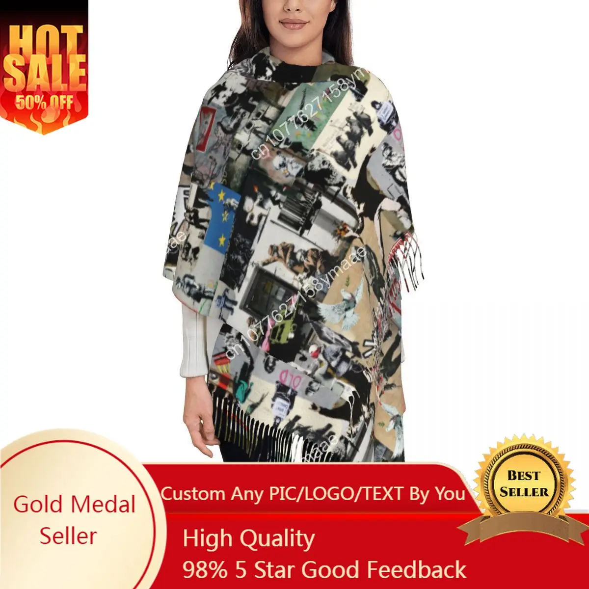 

Banksy Collage Scarf for Women Winter Warm Shawl Wrap Long Large Scarves with Tassel for Daily Wear