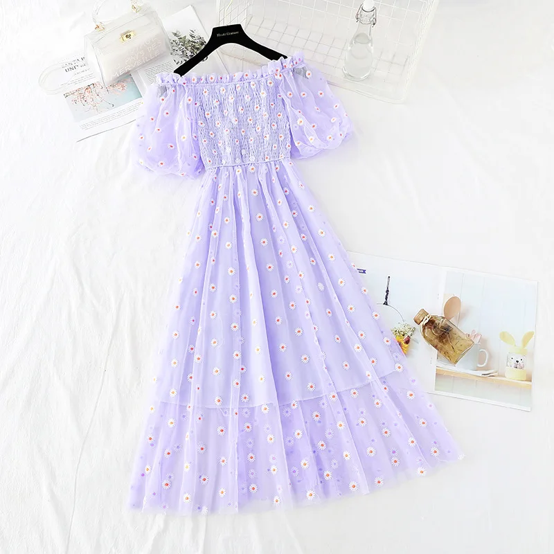 

Sweet Embroidered Mesh Dress Female Summer New One-Shoulder French Retro Long Temperament Simple Puff Sleeve Boutique Dress