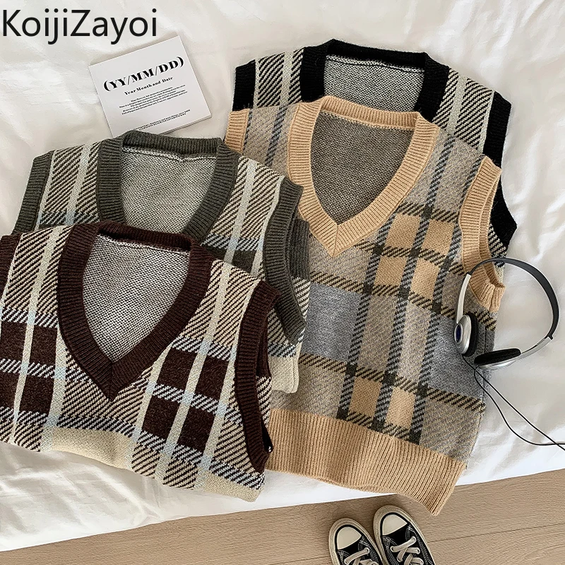 

Koijizayoi Vintage Women Knitted Plaid Sweater Vest Lady Spring Autumn Sleeveless Camisole Chic Casual Loose Outwear Tanks