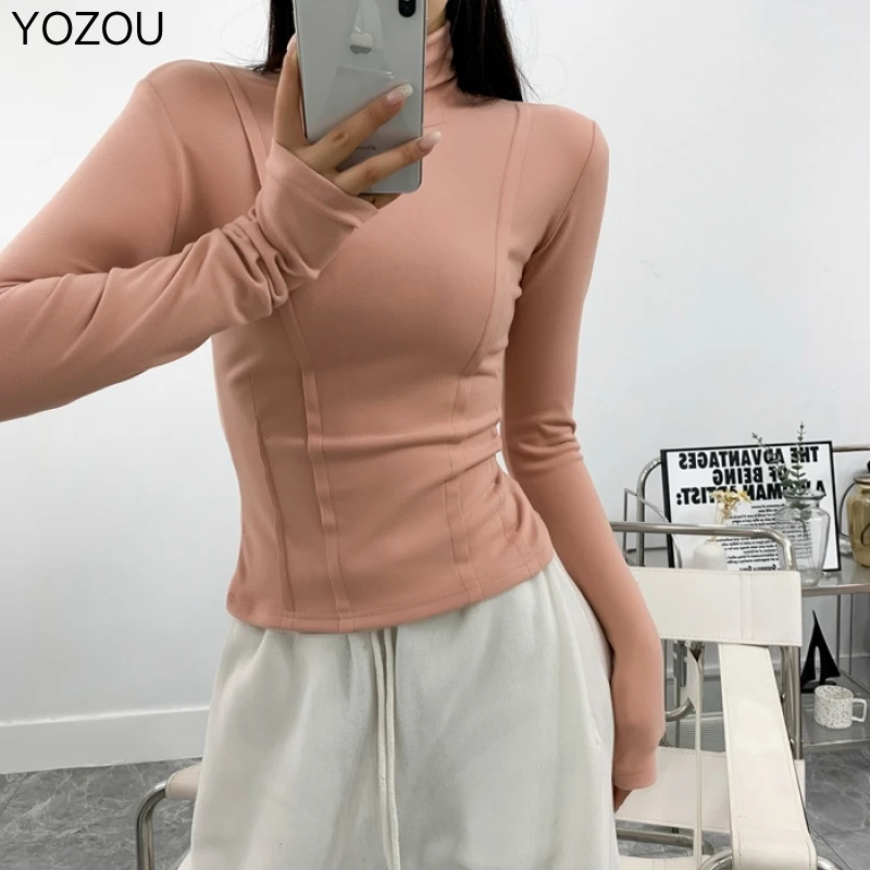 

2023 зимний осенний флисовый теплый хлопковый облегающий топ с высоким воротником футболка с длинным рукавом в Корейском стиле женские пулов...