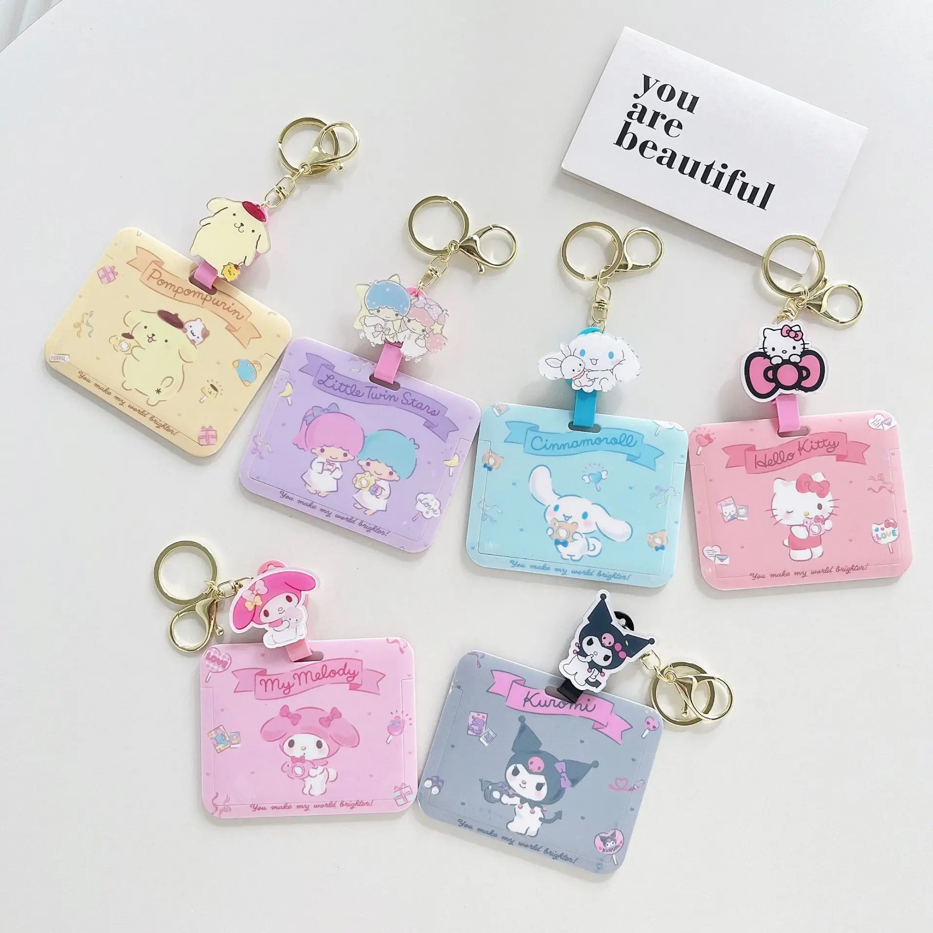 

Kawaii Kuromi My Melody Card Set Students Campus Cards Protective Sleeve Cute Doll Keychain Subway Wallet Lanyard Anti-Lost Ring