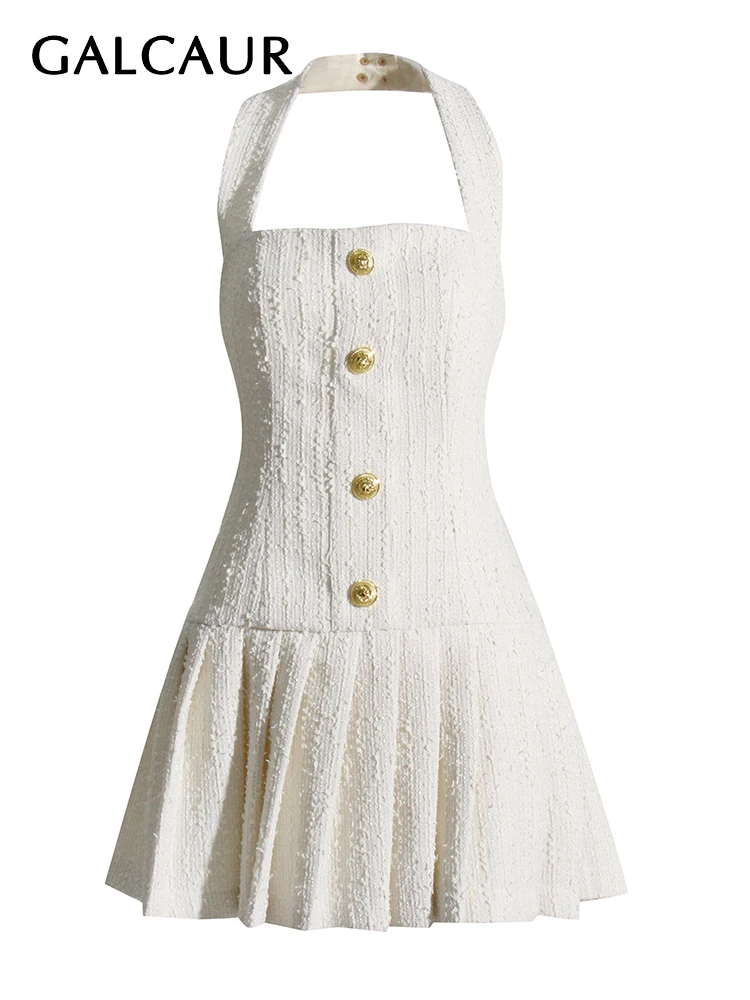 

Женское однотонное облегающее мини-платье GALCAUR, плиссированное летнее пикантное однобортное платье без рукавов, с лямкой на шее и высокой талией