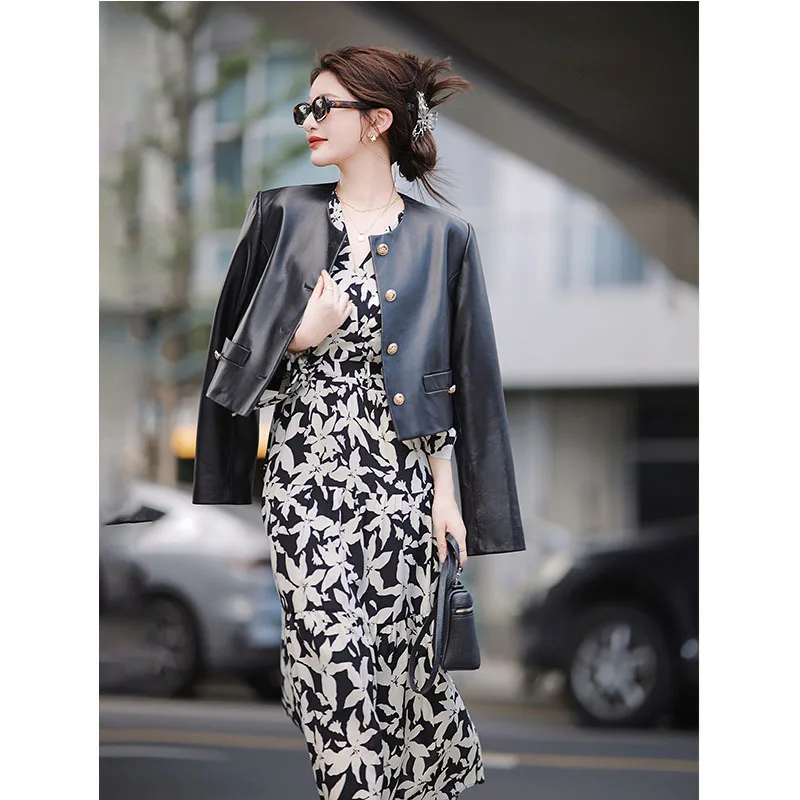 Black Round Neck PU Leather Jacket Women 2023 Autumn New Long Sleeve Casual Loose Vintage Motorcycle Jackets Single Breasted