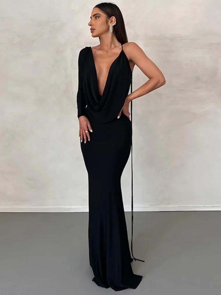 

2023 Elegant Fashion Pile Collar Bandage Long Dresses Woman One Shoulder Long Sleeve Backless Evening Party Summer Dress Black