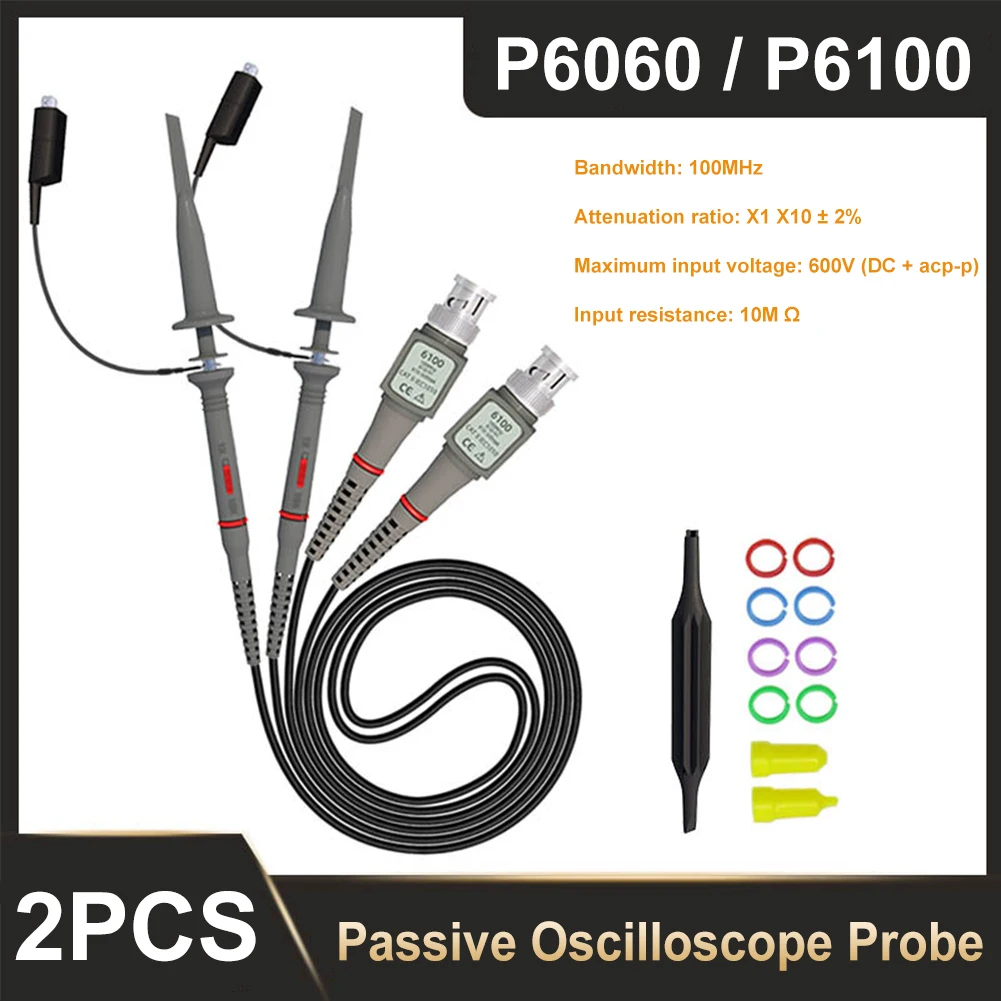 

2pcs P6100 60/100MHz Oscilloscope Clip Probes with Accessory Kit Mini Alligator Clip and Ground Lead Portable Oscilloscope Sonde