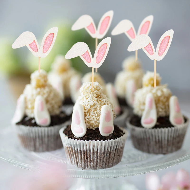 

12pcs Sparkling Rabbit Ear Cake Insert Card Decorative Bunny Cupcake Toppers Happy Easter Birthday Festival Party Dessert Decor