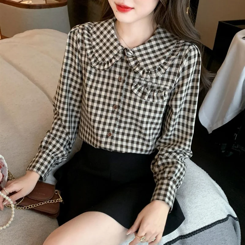 

Новинка осени, модная однобортная блузка, женские топы, Весенняя хлопковая клетчатая шифоновая рубашка, женская одежда