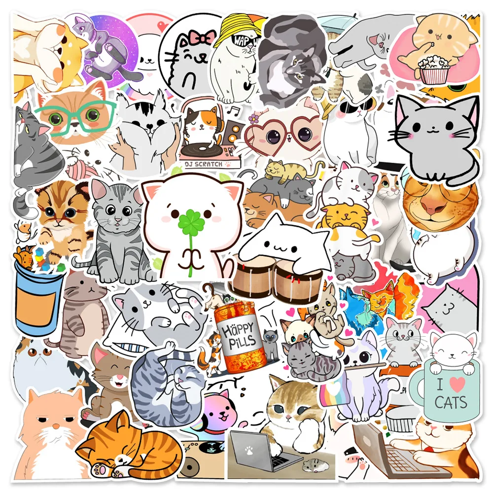 

50pcs Kawaii Cat Cartoon Sticker Cute Decals Kids Toys Stationery DIY Scrapbook Laptop Stationary Guitar Suitcase Fridge Sticker