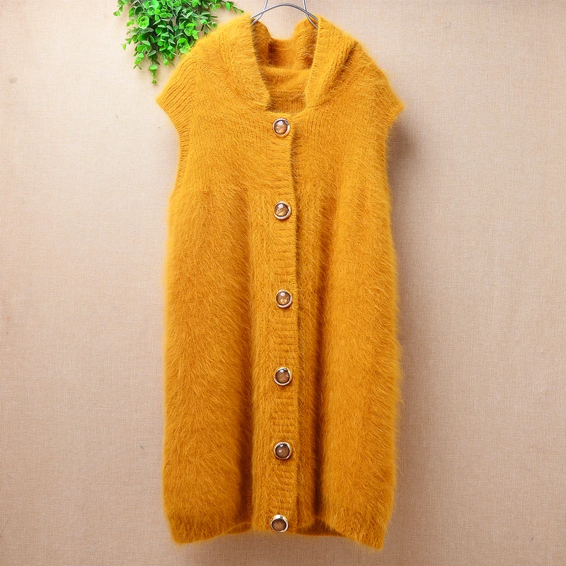 

Ladies Women Fall Winter Clothing Hairy Mink Cashmere Knitted Sleeveless Hooded Angora Rabbit Hair Jacket Vest Sweater Pull Tops