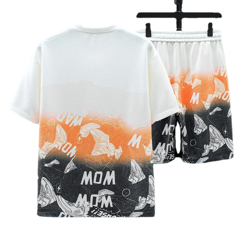High End Waffle Casual Sports Set Men's Summer Short Sleeve Shorts Men's Clothing Men's Set Comfortable and Breathable