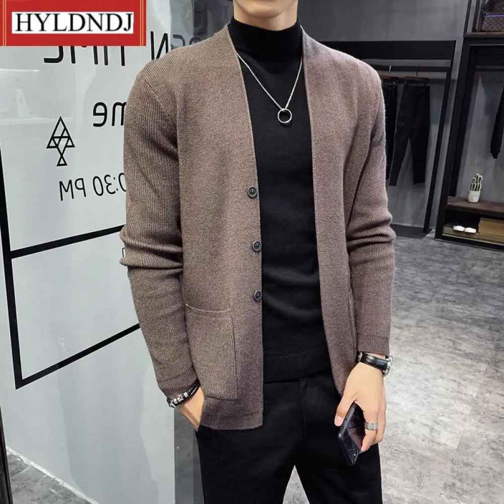 Korean Sweater Men Autumn New Cardigan Men Clothing Fashion Button Decor Front Pocket Loose Casual Mens Cardigan 3Color 3Xl