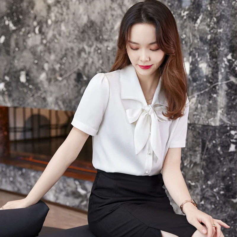 

Summer Work Blouses Women Shirts White Ladies Skirt and Top Sets Short Sleeve Office UniformStyles