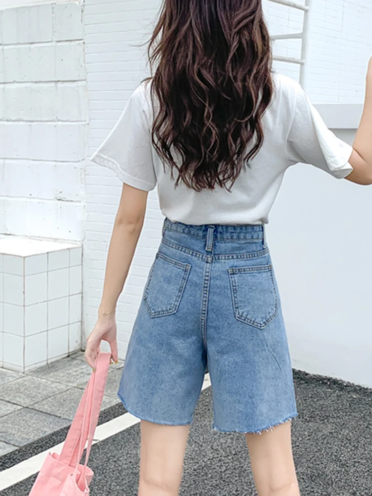 Summer Women Wide Leg Hole Frayed Blue Denim Shorts Streetwear Female High Waist Loose Button Jeans Shorts Bottoms