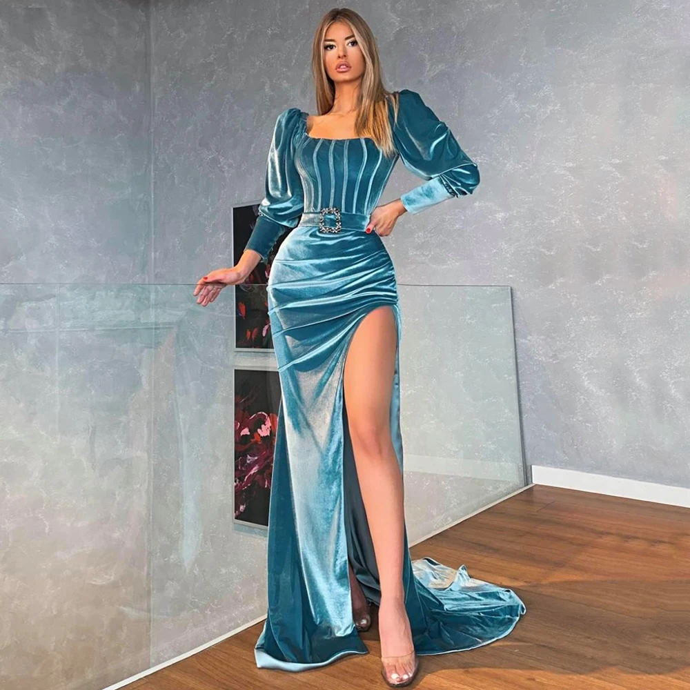 

Weilinsha Modern Long Sleeves Velvet Evening Dress Floor Length Pleats Square Neckline Side Slit Mermaid Prom Gowns with Sashes