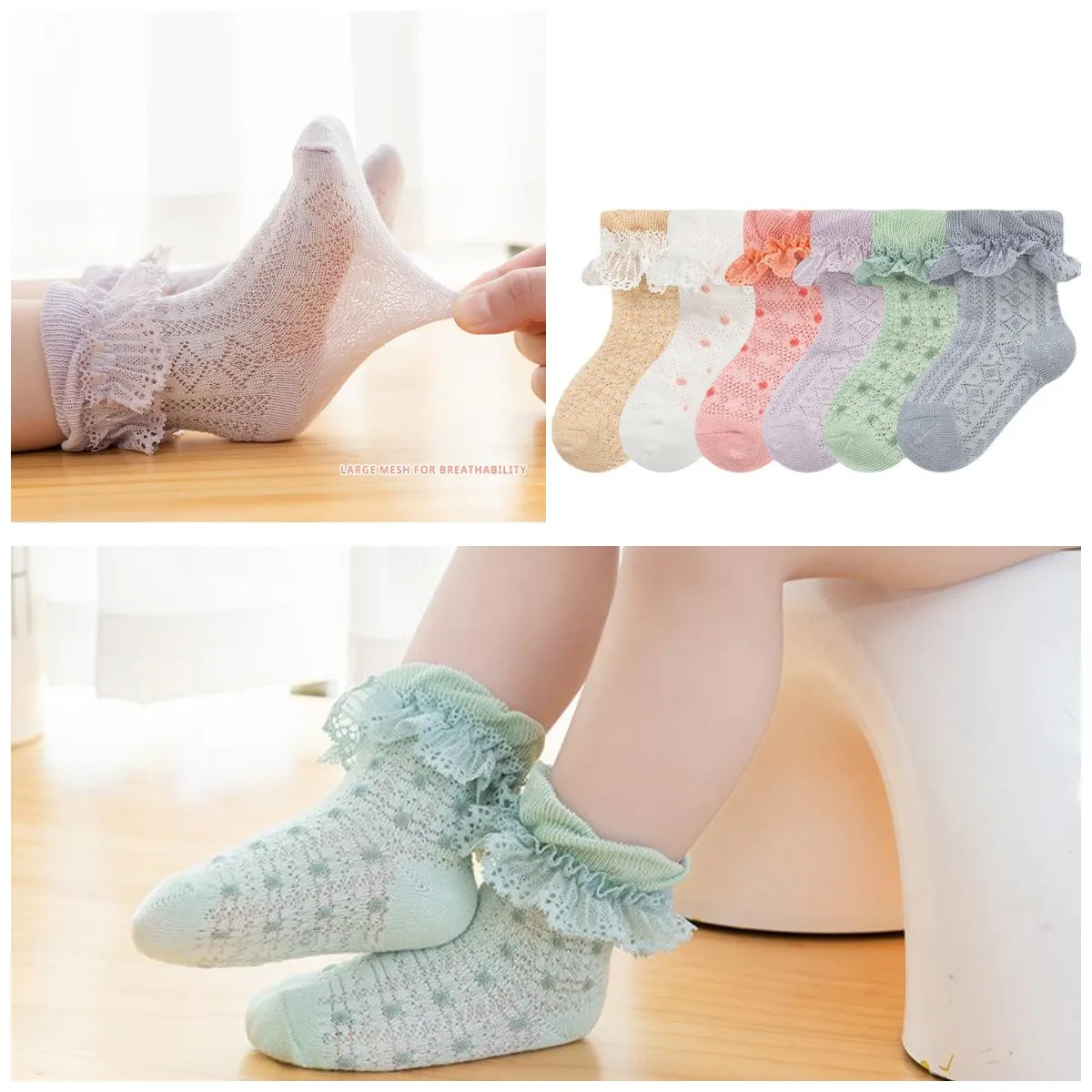 

2023 4 Pairs/lot Girls Flower Socks Summer Cotton Children Short Dance Sock Thin Mesh White Ruffle Frilly Gilrs Princess Socken