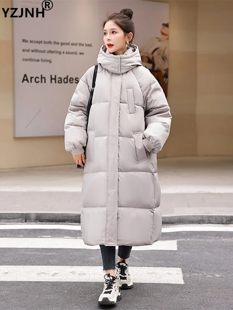

YZJNH 2023 Women's Winter Clothing Korean Version Loose Casual Solid Hooded Thickened Long Down Cotton Coat for Women