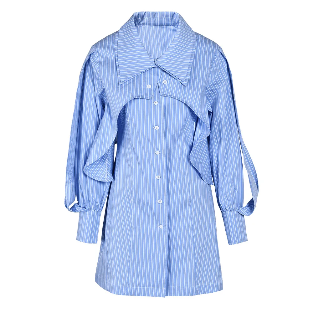 

SuperAen 2023 Autumn New Design Spliced Straps Two Piece Shirt Dress Blue Stripe Waist Shrinking Shirt for Women