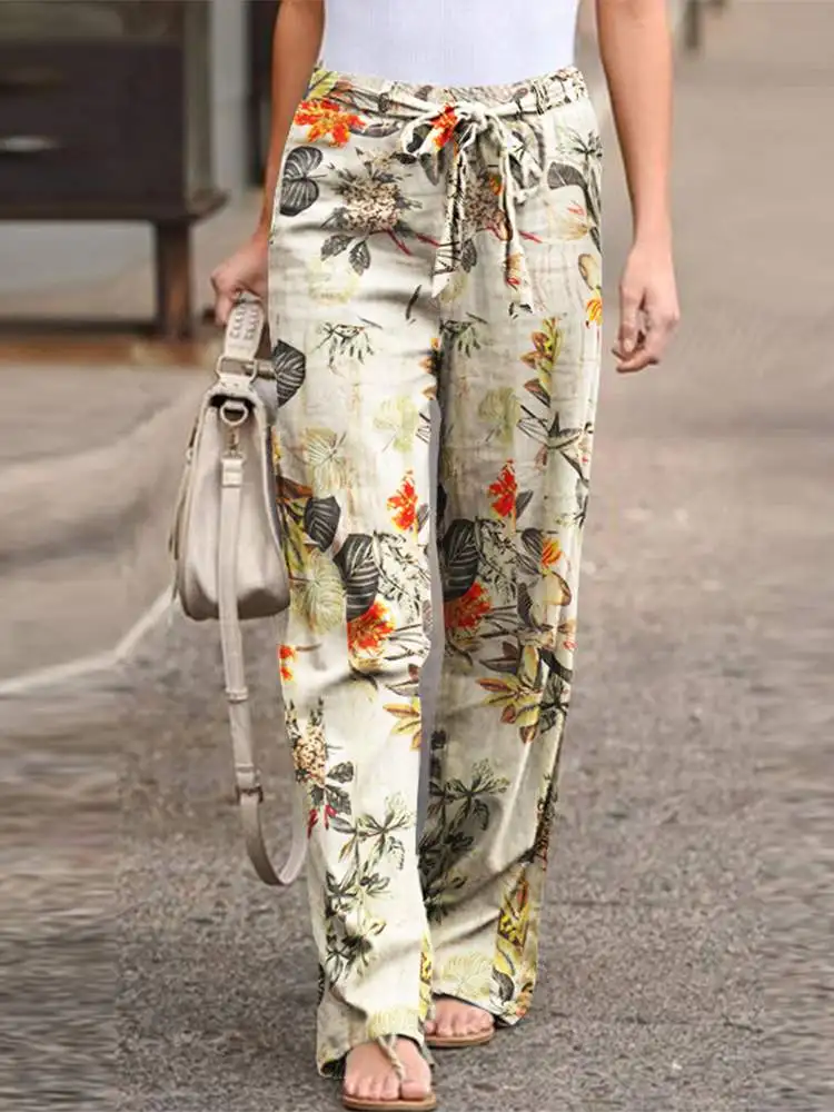 

Women Floral Trousers ZANZEA 2022 Kaftan Print Pants Casual Elastic High Waist Floral Pantalon Palazzo Female Drawstring Turnip