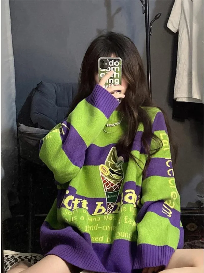 

Harajuku Gothic Vintage Contrast Color Striped Knitted Pullovers O-neck Punk Streetwear Oversized Sweaters Women Goth Y2k Top
