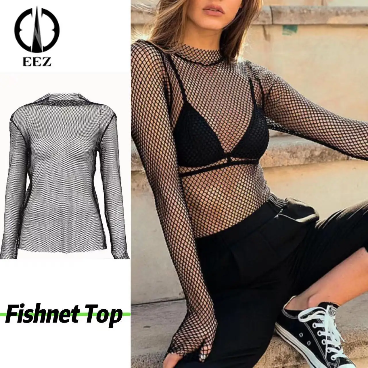 

【See-through Fishnet Top】Women Mesh Long Sleeve Coquette Tee Black T-shirt Female Harajuku Sexy Skinny Fashion Grunge Top Y2k