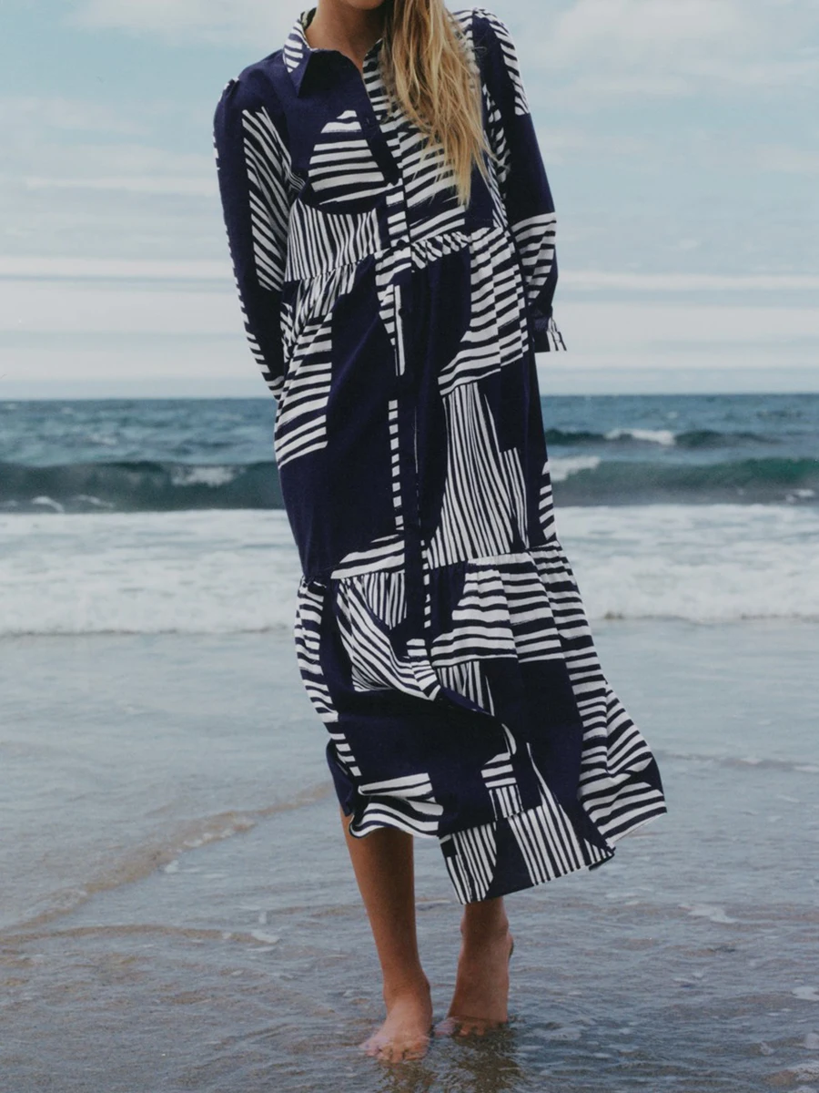 

Женское винтажное платье-рубашка с длинным рукавом и отложным воротником