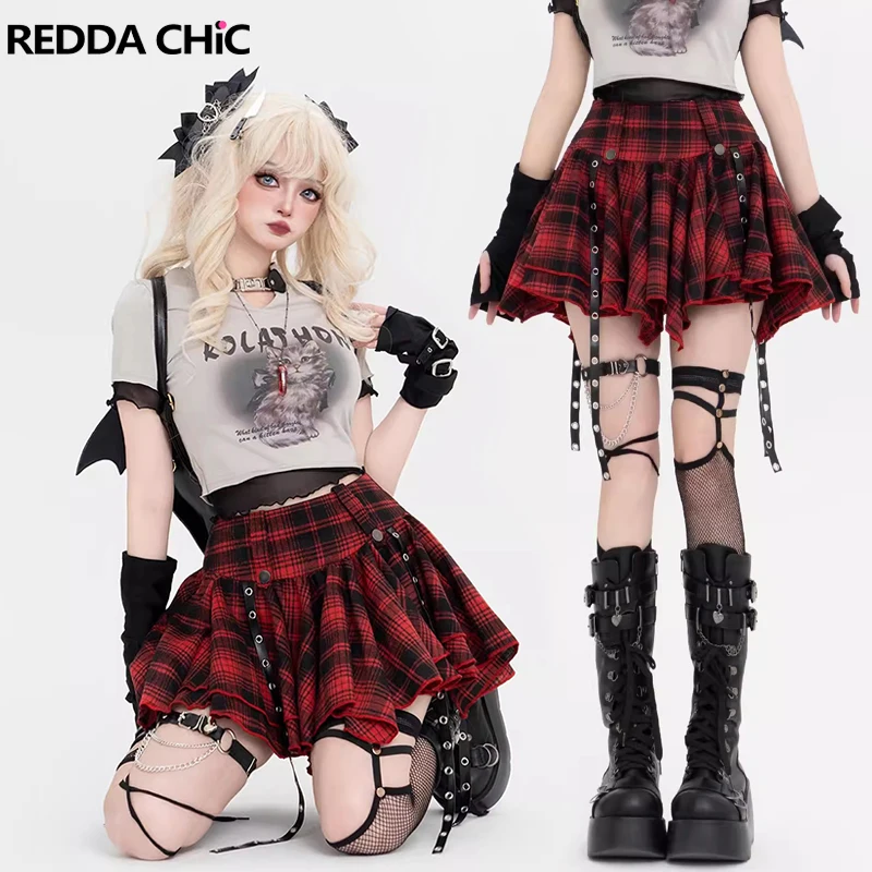 Ретро юбка в клетку REDDACHiC Женская стиле гранж Y2k кожаный ремень красная черная