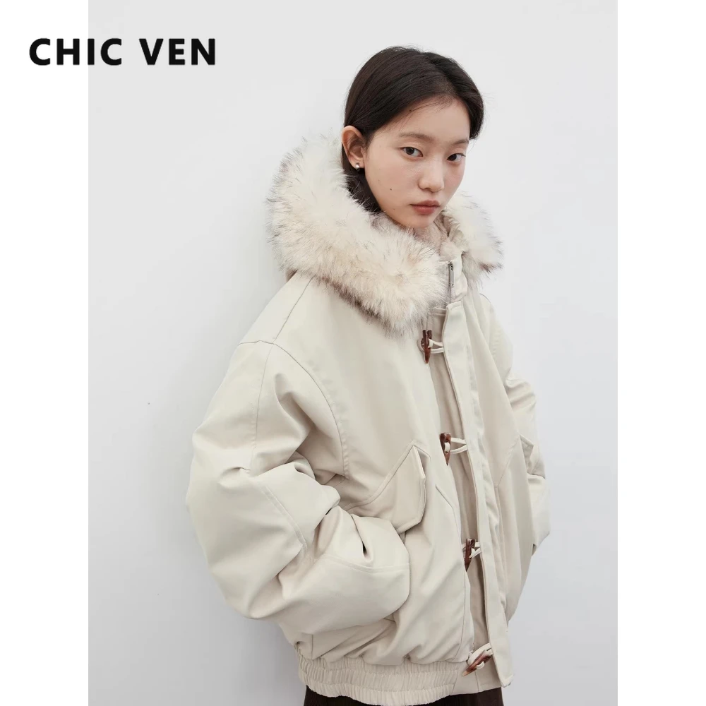Фото CHIC VEN женские пуховики новые короткие с капюшоном из искусственного меха с роговой пряжкой женский 90 белый утиный пуховик осень-зима 2026 №1