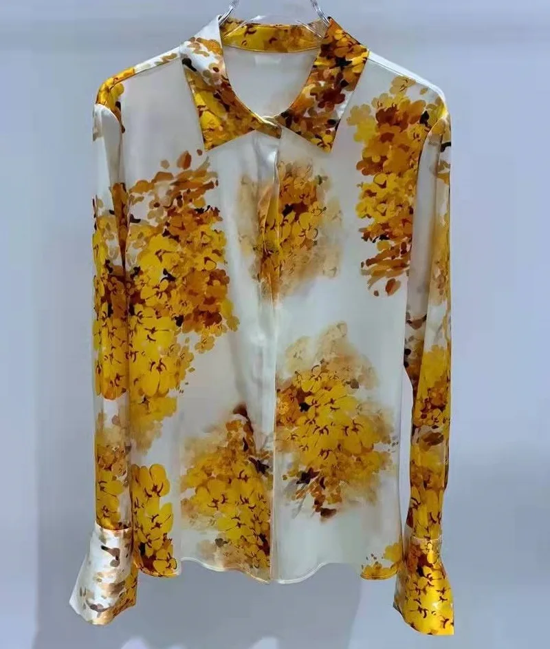 

Женская рубашка с отложным воротником, желтая Повседневная шелковая блузка с длинным рукавом и цветочным принтом, весна-лето 2022