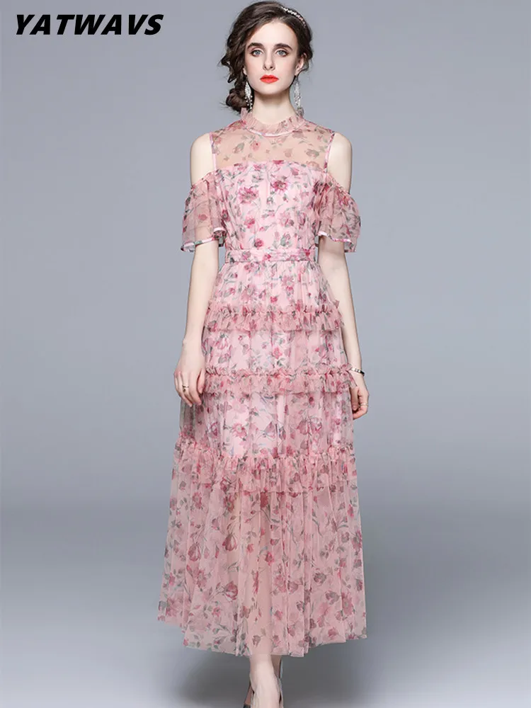 

Женское длинное платье с открытыми плечами, элегантное пляжное шифоновое ТРАПЕЦИЕВИДНОЕ ПЛАТЬЕ с цветочным принтом и оборками, лето