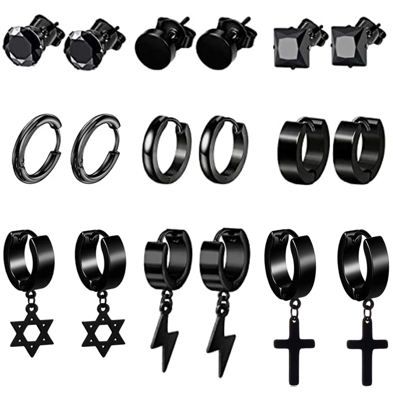 

9 Pairs Stud Earrings Huggie Hoop Earrings Women Men Black Cross Triangle Drop Earrings Punk Style Gothic Earrings Set