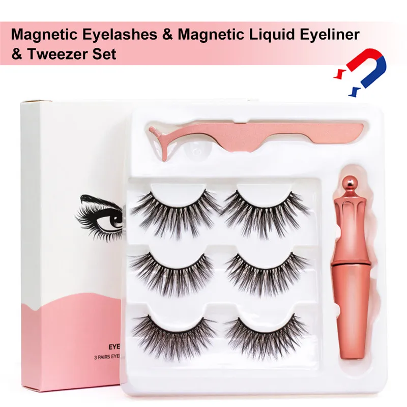 

3 Pairs Combinations Magnetic False Eyelashes & Magnetic Liquid Eyeliner & Tweezer Set Natural Thick Eyelashes Set