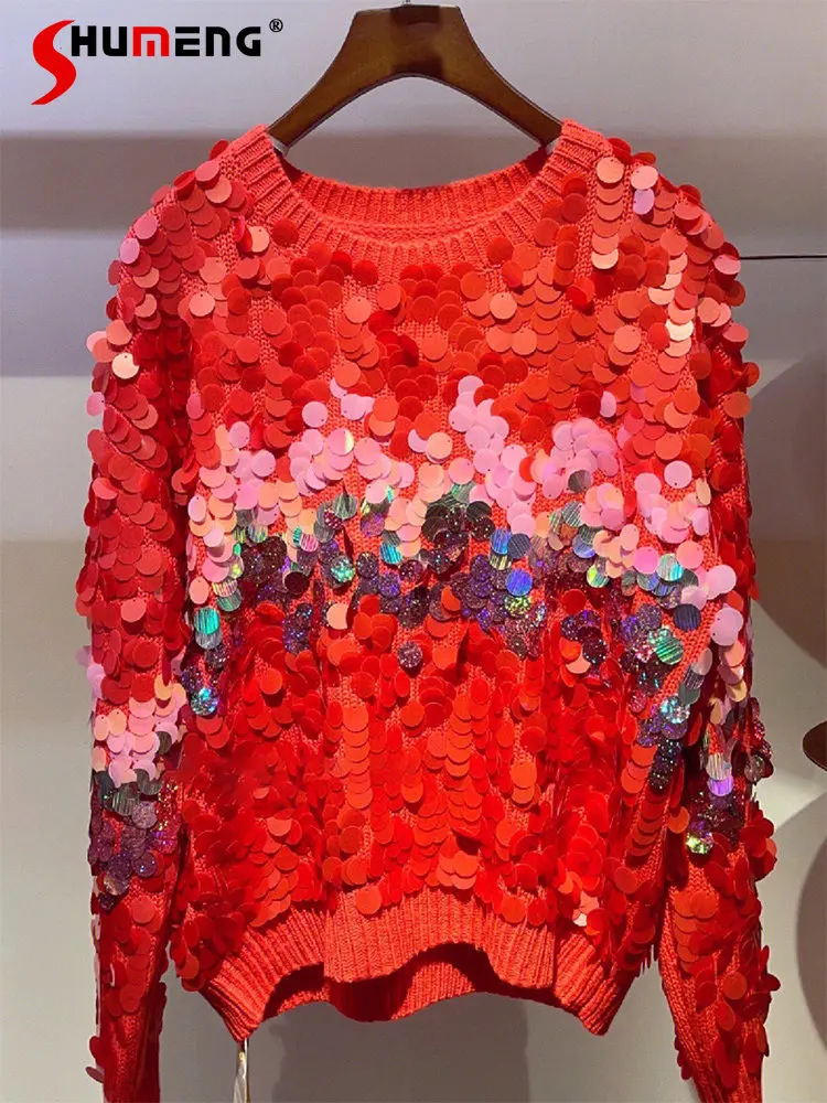 

Fashion Beautiful Chic Elegant Loose Red Pullover Knitted Top Women's 2022 Autumn Winter New Sweet Trendy Round Neck Sweater