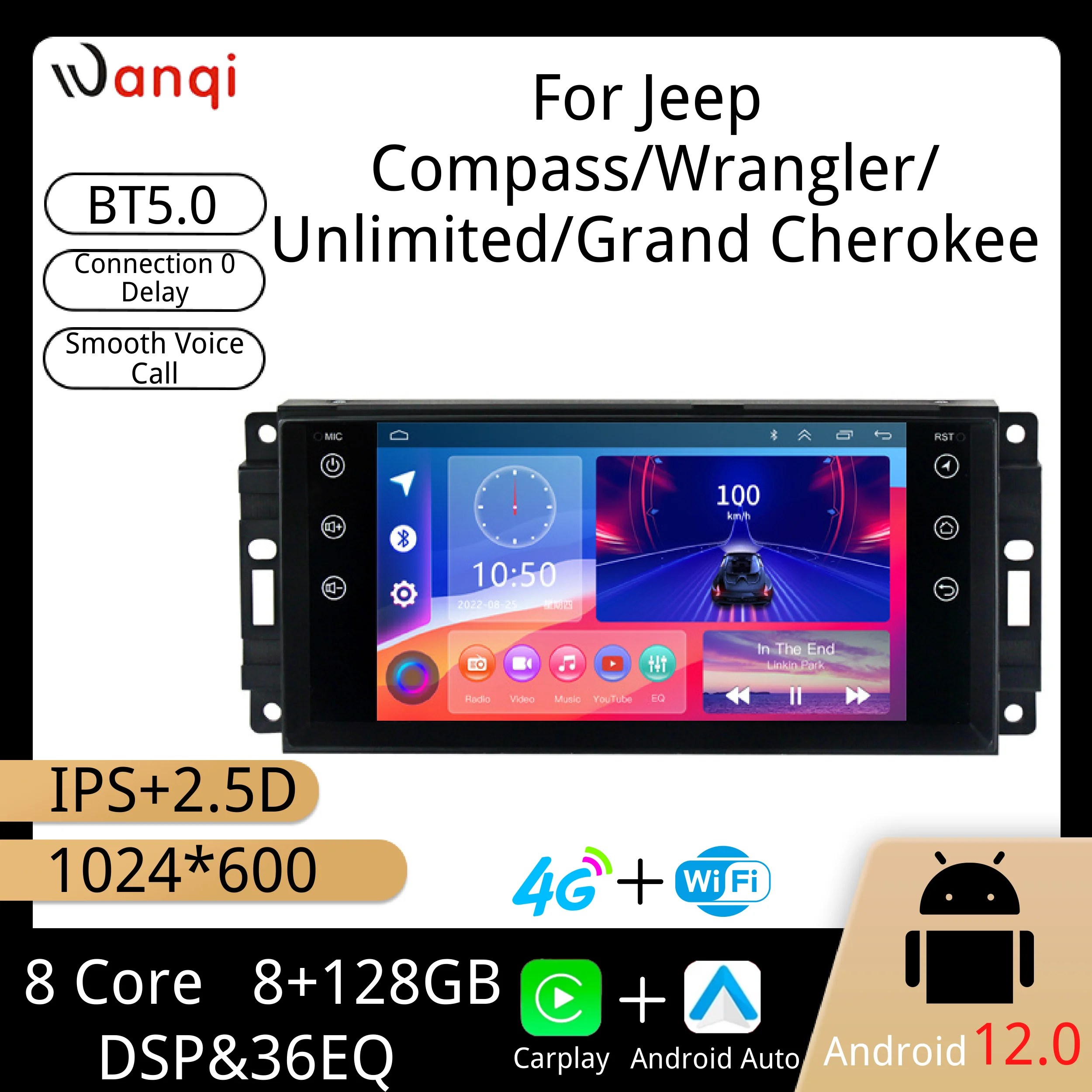 Wanqi Android 12,0 4G + WIFI 8 ядер 8 + 128 Гб Carplay + Android Авто GPS ForJeep Компас/Wrangler/ Unlimited/Grand Cherokee автомобильное радио