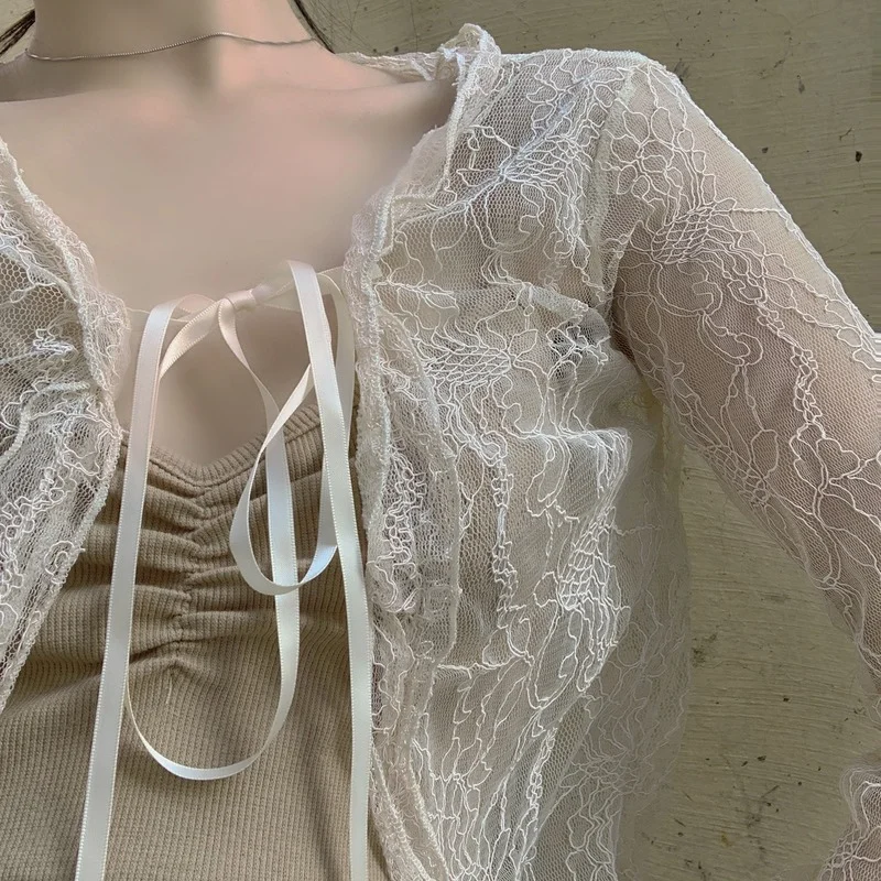 Женский кружевной кардиган с V-образным вырезом на бретелях | Женская одежда
