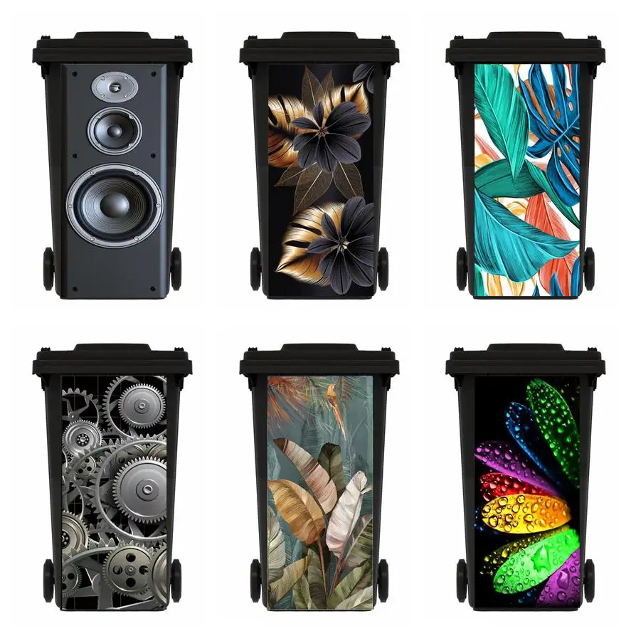 

Sound Speaker Pattern Trash Can Sticker Self-adhesive PVC Palm leaf flowers Waterproof Waste bin Wallpaper For Rubbish Bin Decor