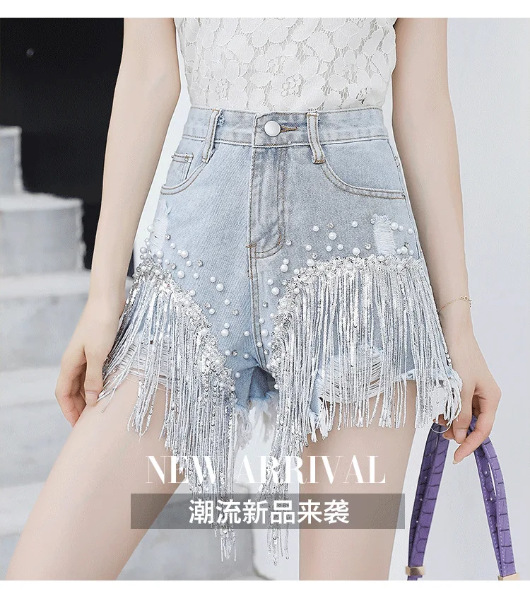 New High Waist Slim Body Fringed Ripped Beaded Sequin Wide Leg Blue  Jeans shorts Indie Female 2023 Summer Hot Denim Shorts